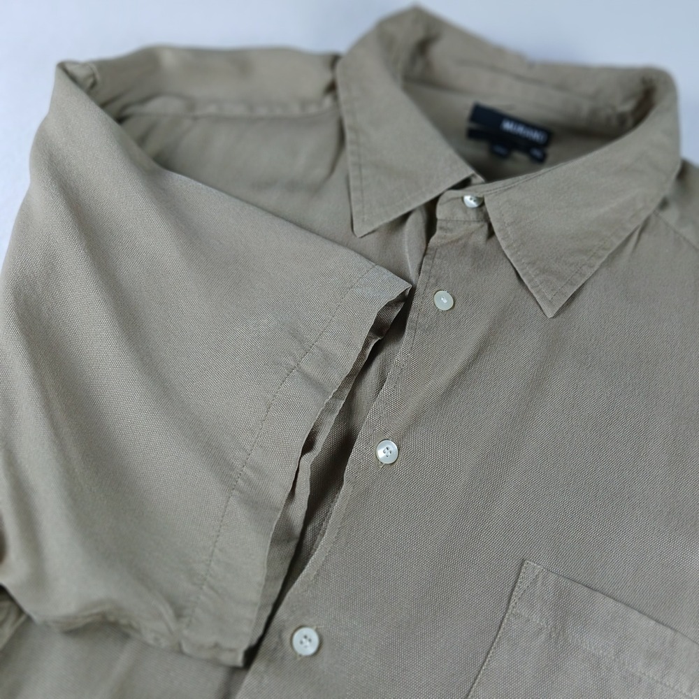 Murano Mens 3XT Silk Short Sleeve Button Down Shirt Khaki Tan Textured 100% Silk